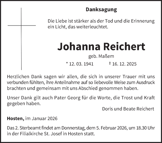 Traueranzeige von Johanna Reichert von trierischer_volksfreund