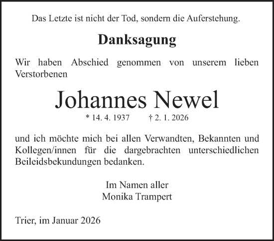 Traueranzeige von Johannes Newel von trierischer_volksfreund