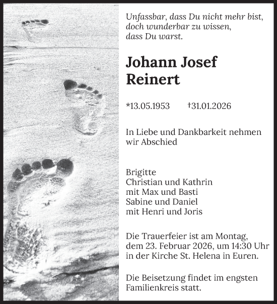Traueranzeige von Johann Josef Reinert von trierischer_volksfreund