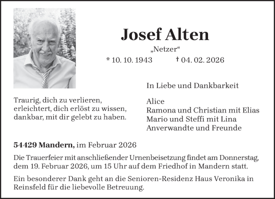 Traueranzeige von Josef Alten von trierischer_volksfreund