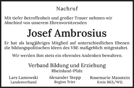 Traueranzeige von Josef Ambrosius von trierischer_volksfreund