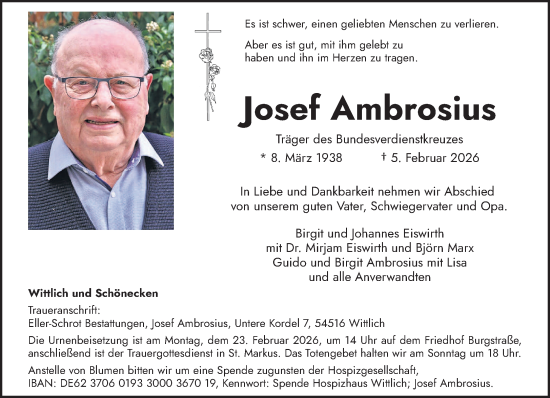 Traueranzeige von Josef Ambrosius von trierischer_volksfreund