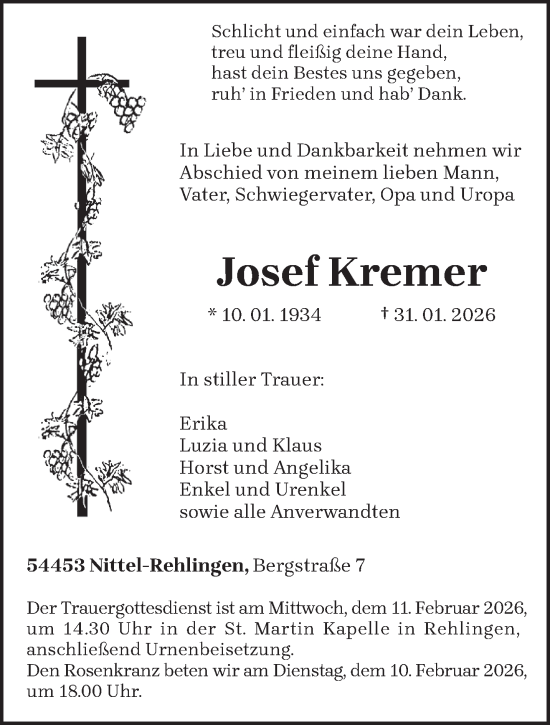 Traueranzeige von Josef Kremer von trierischer_volksfreund