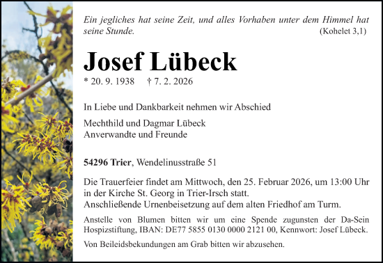 Traueranzeige von Josef Lübeck von trierischer_volksfreund