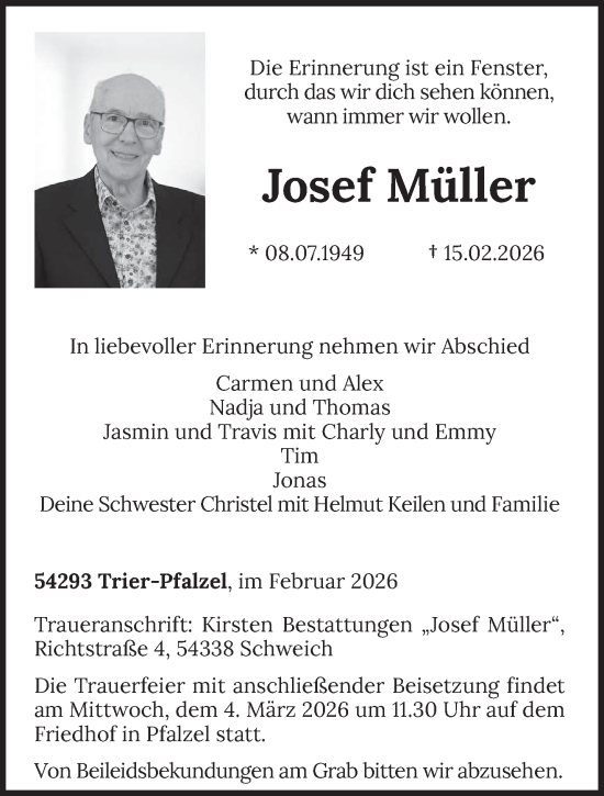 Traueranzeige von Josef Müller von trierischer_volksfreund