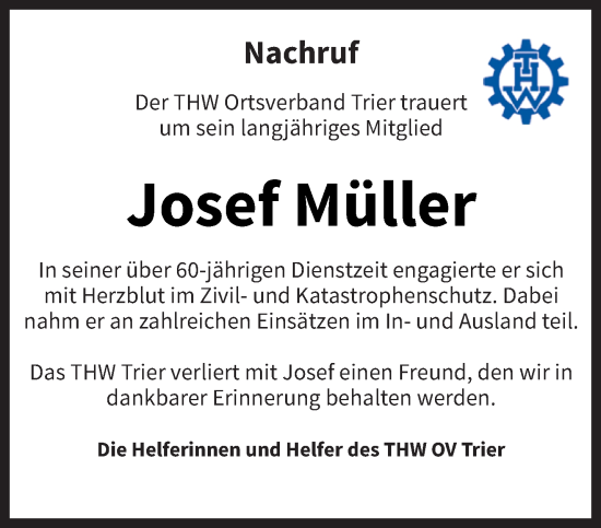Traueranzeige von Josef Müller von trierischer_volksfreund