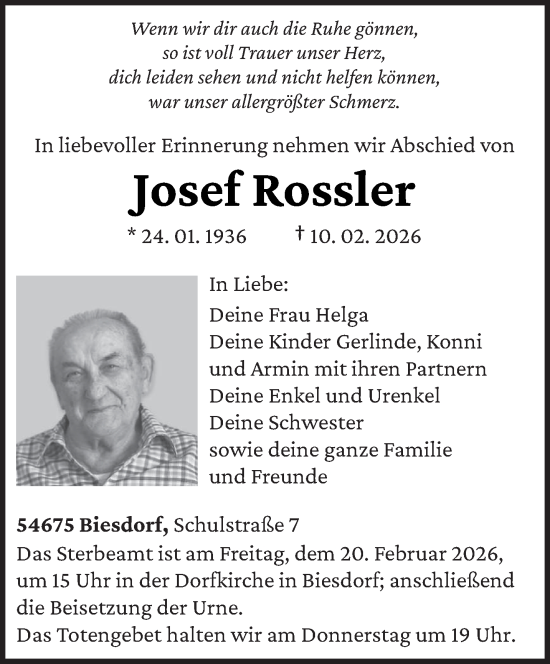 Traueranzeige von Josef Rossler von trierischer_volksfreund