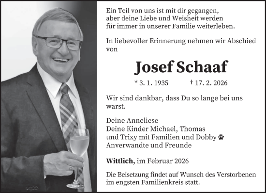 Traueranzeige von Josef Schaaf von trierischer_volksfreund