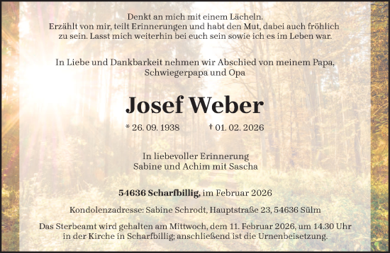 Traueranzeige von Josef Weber von trierischer_volksfreund