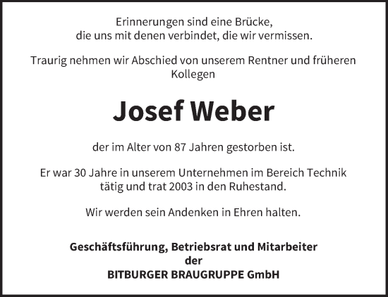 Traueranzeige von Josef Weber von trierischer_volksfreund