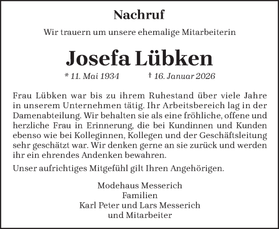 Traueranzeige von Josefa Lübken von trierischer_volksfreund
