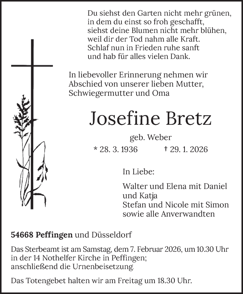  Traueranzeige für Josefine Bretz vom 04.02.2026 aus trierischer_volksfreund