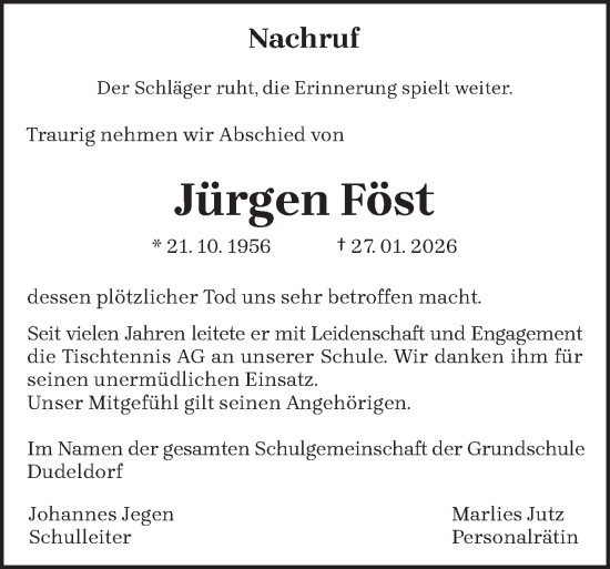 Traueranzeige von Jürgen Föst von trierischer_volksfreund