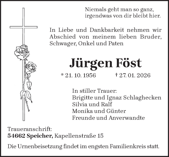 Traueranzeige von Jürgen Föst von trierischer_volksfreund