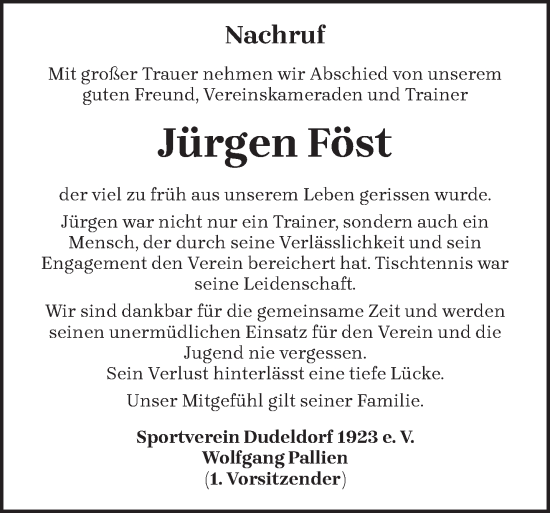 Traueranzeige von Jürgen Föst von trierischer_volksfreund