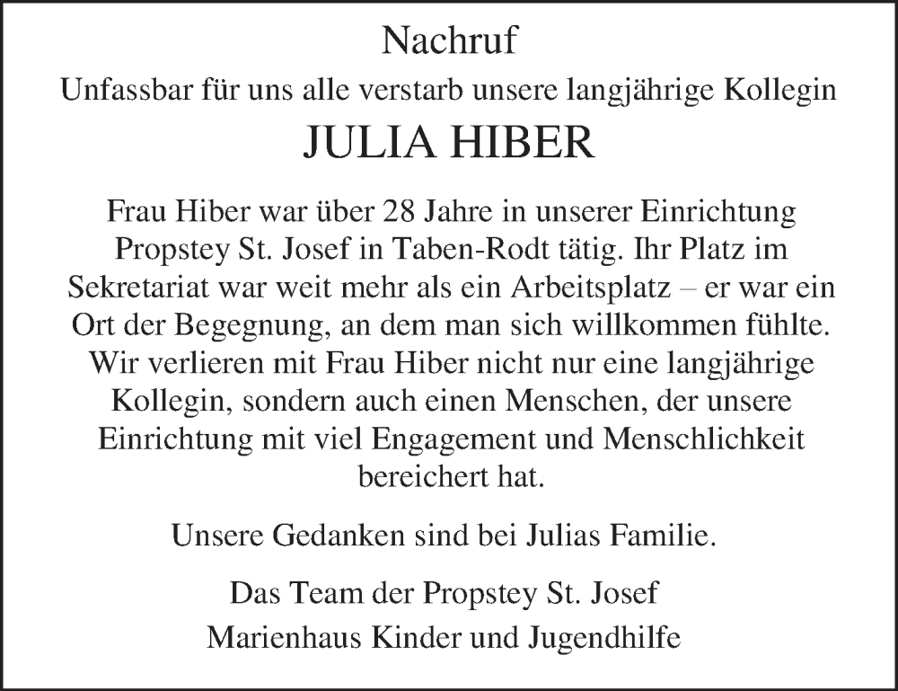  Traueranzeige für Julia Hiber vom 14.02.2026 aus trierischer_volksfreund
