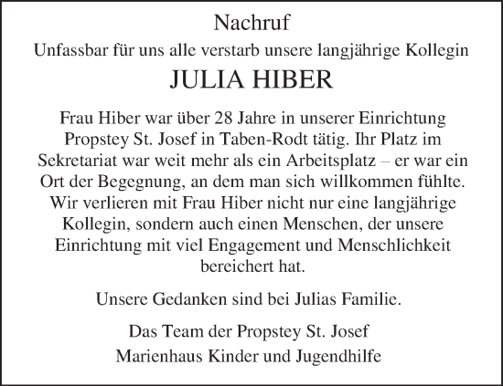 Traueranzeige von Julia Hiber von trierischer_volksfreund
