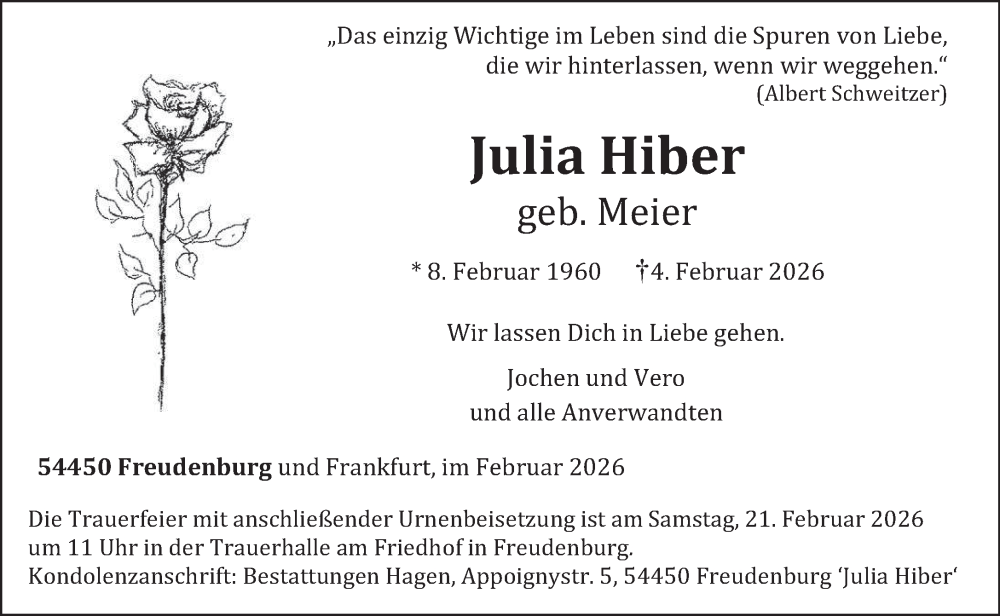  Traueranzeige für Julia Hiber vom 14.02.2026 aus trierischer_volksfreund