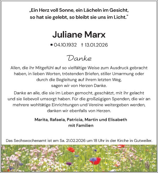 Traueranzeige von Juliane Marx von trierischer_volksfreund