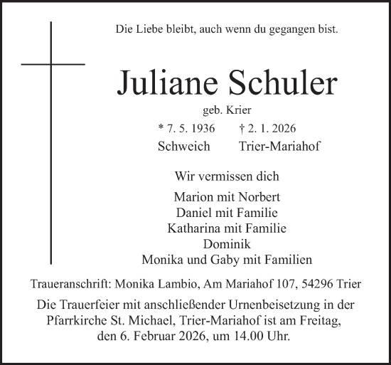 Traueranzeige von Juliane Schuler von trierischer_volksfreund