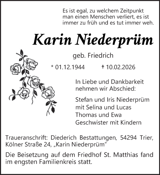 Traueranzeige von Karin Niederprüm von trierischer_volksfreund