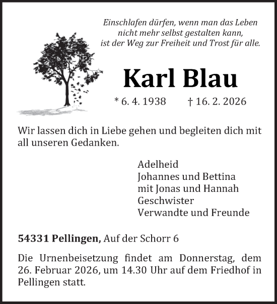 Traueranzeige von Karl Blau von trierischer_volksfreund