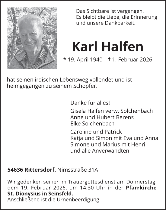 Traueranzeige von Karl Halfen von trierischer_volksfreund