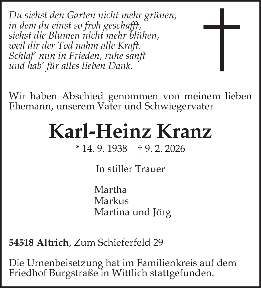  Traueranzeige für Karl-Heinz Kranz vom 28.02.2026 aus trierischer_volksfreund