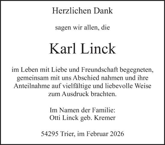 Traueranzeige von Karl Linck von trierischer_volksfreund