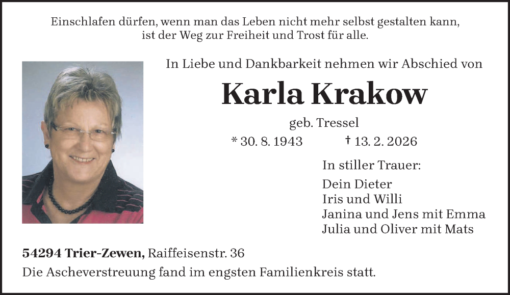  Traueranzeige für Karla Krakow vom 28.02.2026 aus trierischer_volksfreund