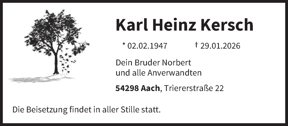  Traueranzeige für Karl Heinz Kersch vom 07.02.2026 aus trierischer_volksfreund