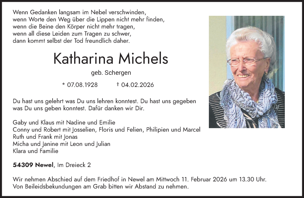  Traueranzeige für Katharina Michels vom 09.02.2026 aus trierischer_volksfreund