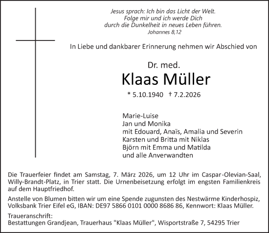Traueranzeige von Klaas Müller von trierischer_volksfreund