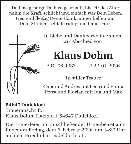 Traueranzeige von Klaus Dohm von trierischer_volksfreund