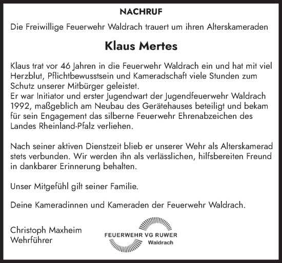 Traueranzeige von Klaus Mertes von trierischer_volksfreund