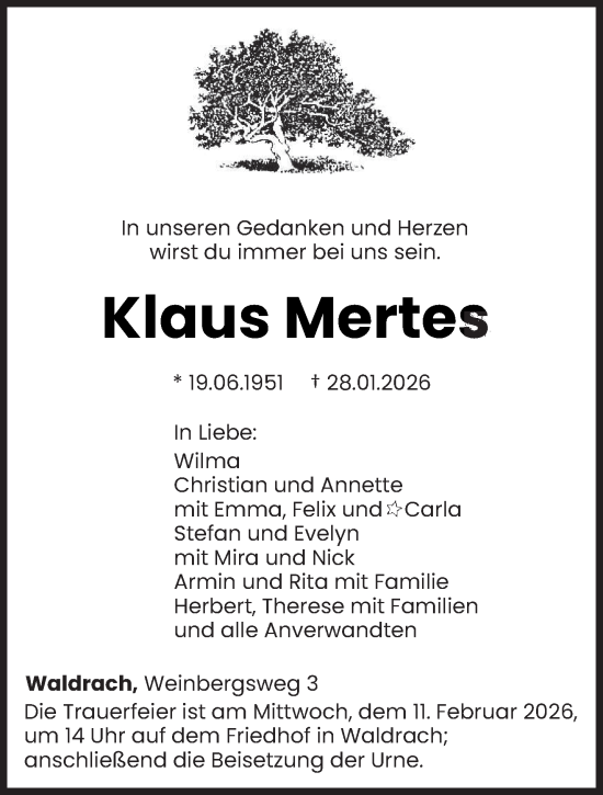 Traueranzeige von Klaus Mertes von trierischer_volksfreund