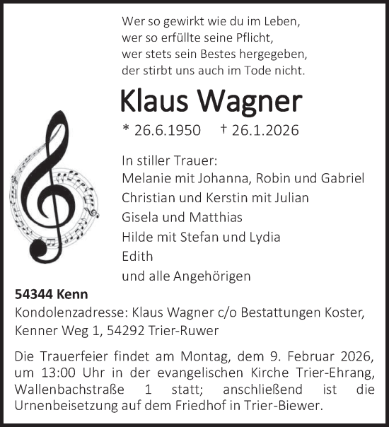 Traueranzeige von Klaus Wagner von trierischer_volksfreund