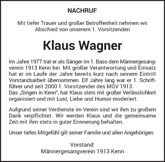 Traueranzeige von Klaus Wagner von trierischer_volksfreund