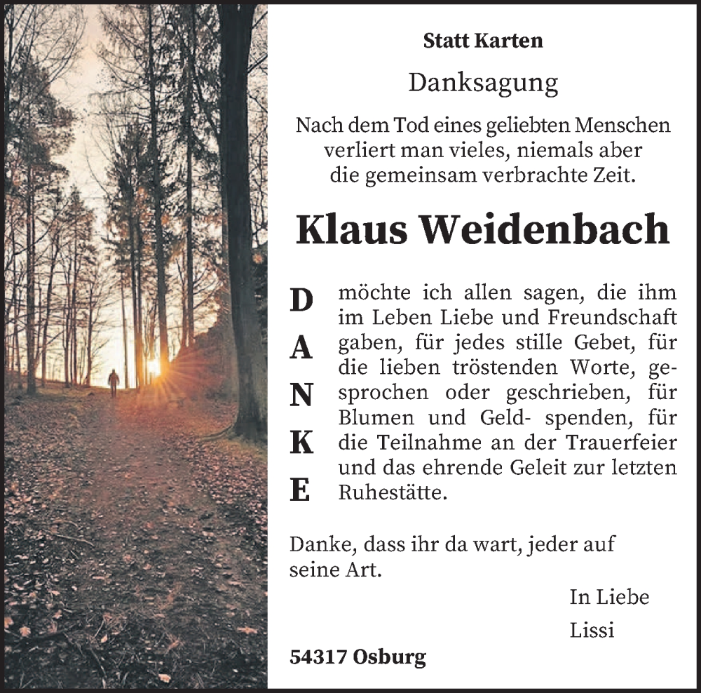  Traueranzeige für Klaus Weidenbach vom 07.02.2026 aus trierischer_volksfreund