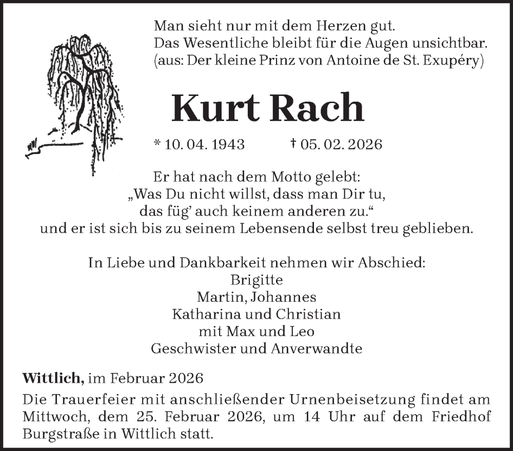  Traueranzeige für Kurt Rach vom 18.02.2026 aus trierischer_volksfreund