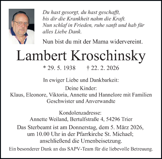 Traueranzeige von Lambert Kroschinsky von trierischer_volksfreund