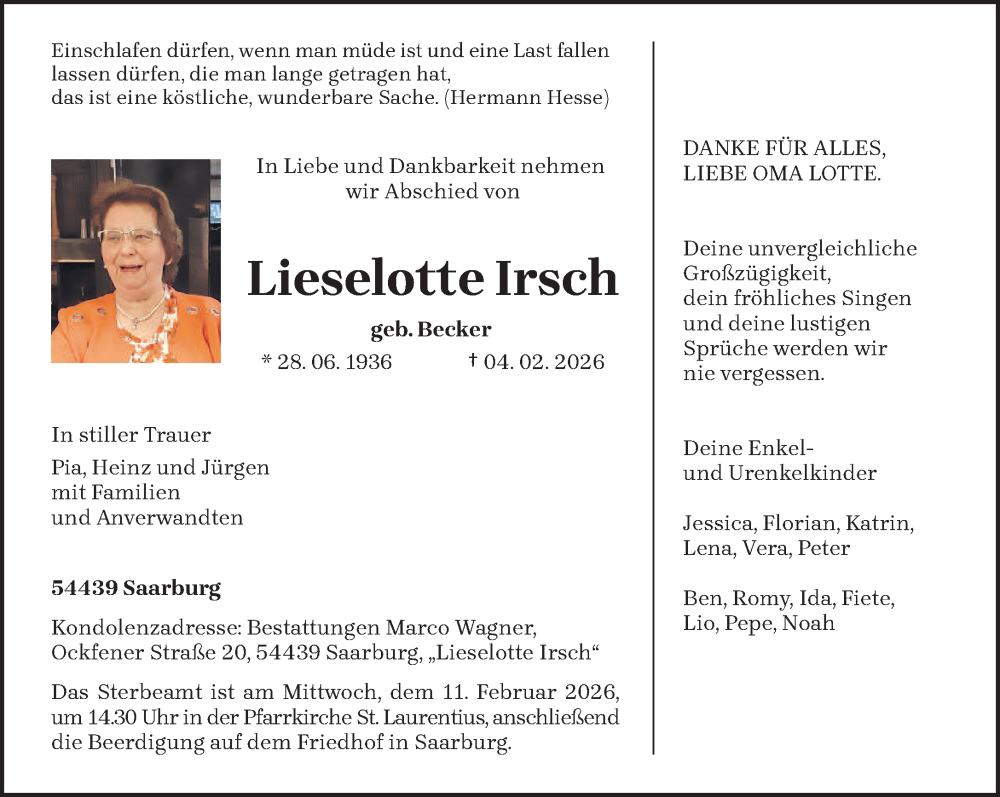  Traueranzeige für Lieselotte Irsch vom 07.02.2026 aus trierischer_volksfreund