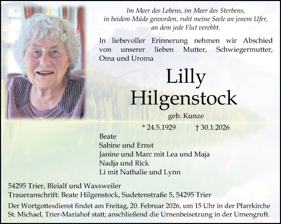 Traueranzeige von Lilly Hilgenstock von trierischer_volksfreund