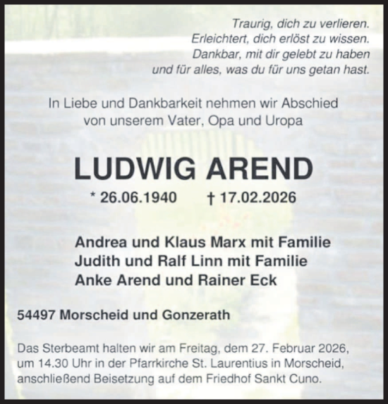 Traueranzeige von Ludwig Arend von trierischer_volksfreund