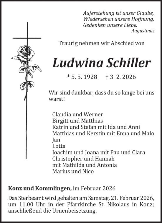 Traueranzeige von Ludwina Schiller von trierischer_volksfreund