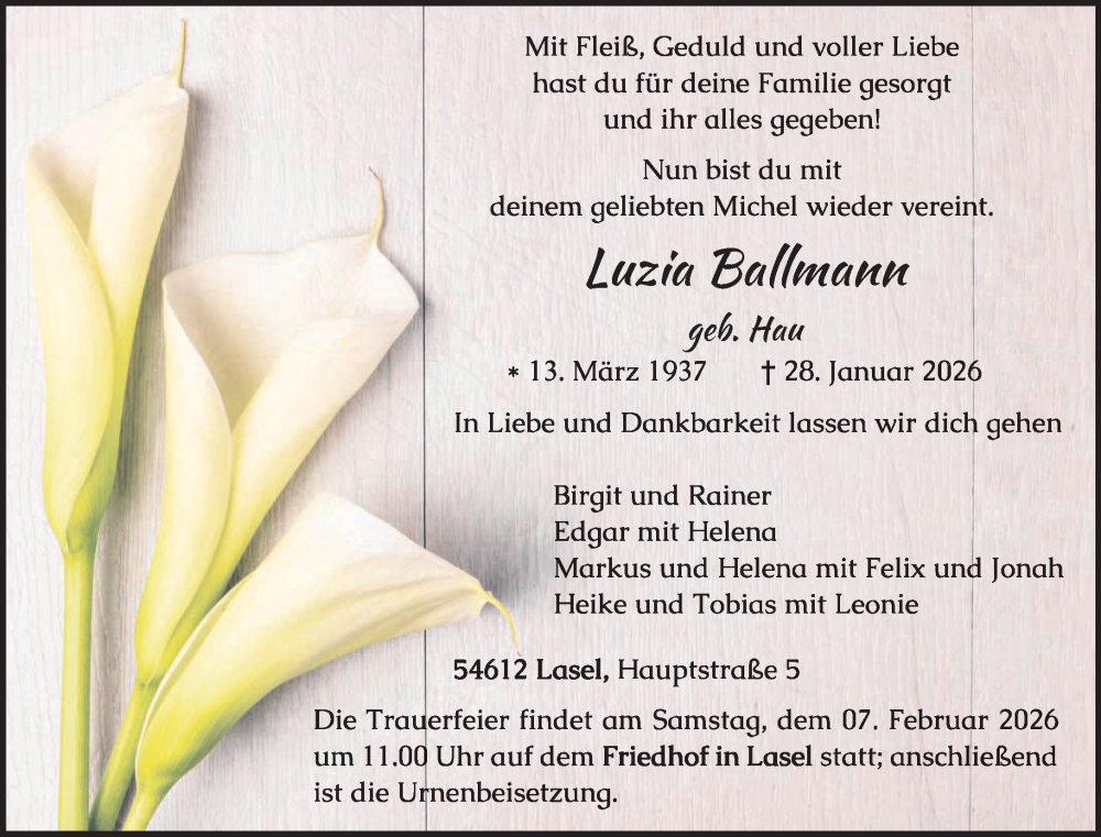  Traueranzeige für Luzia Ballmann vom 04.02.2026 aus trierischer_volksfreund