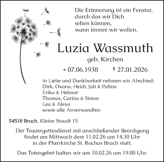 Traueranzeige von Luzia Wassmuth von trierischer_volksfreund