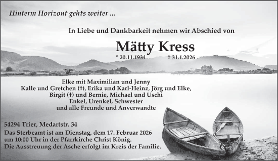 Traueranzeige von Mätty Kress von trierischer_volksfreund