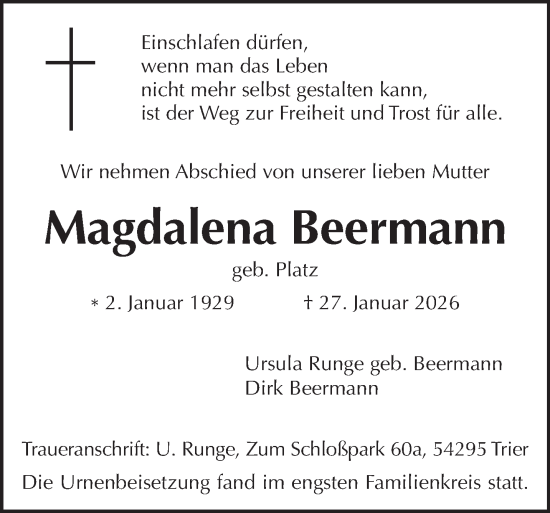 Traueranzeige von Magdalena Beermann von trierischer_volksfreund