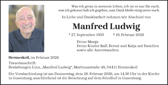 Traueranzeige von Manfred Ludwig von trierischer_volksfreund